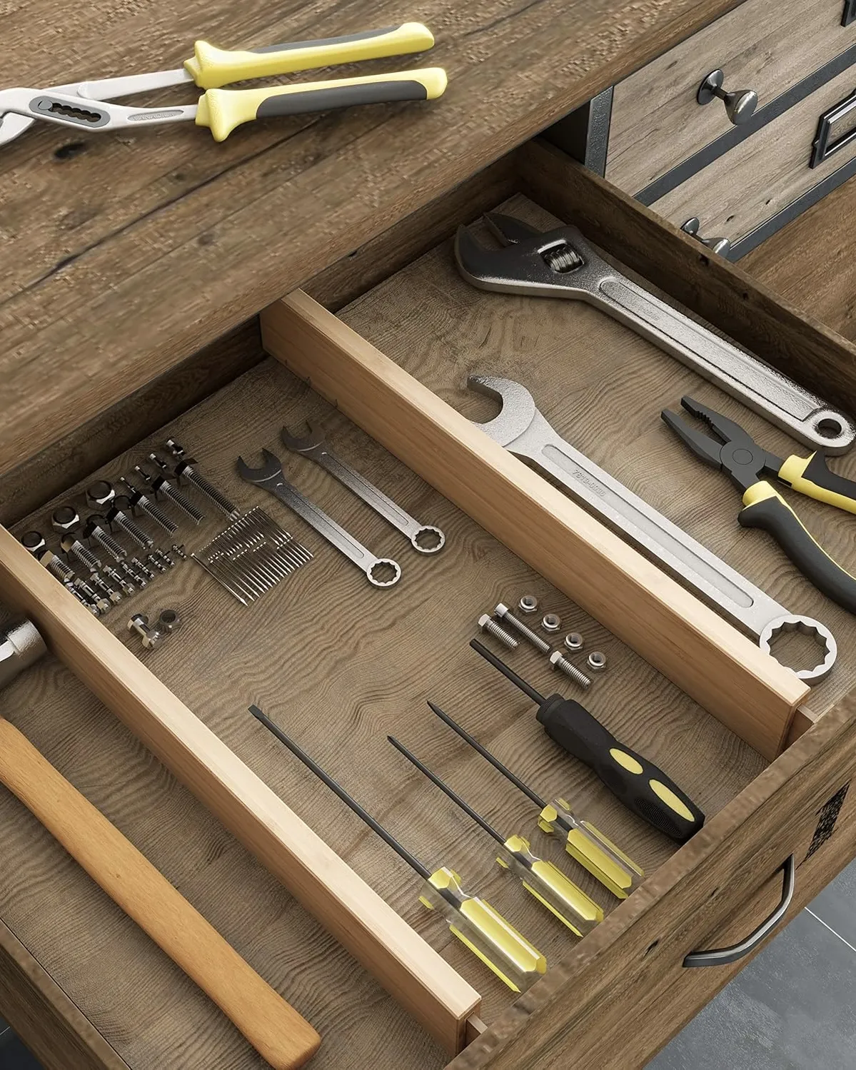 Wooden drawer organizer with hand tools including screwdrivers, pliers, and wrenches, ideal for DIY projects, home repair, and easy tool storage solutions.
