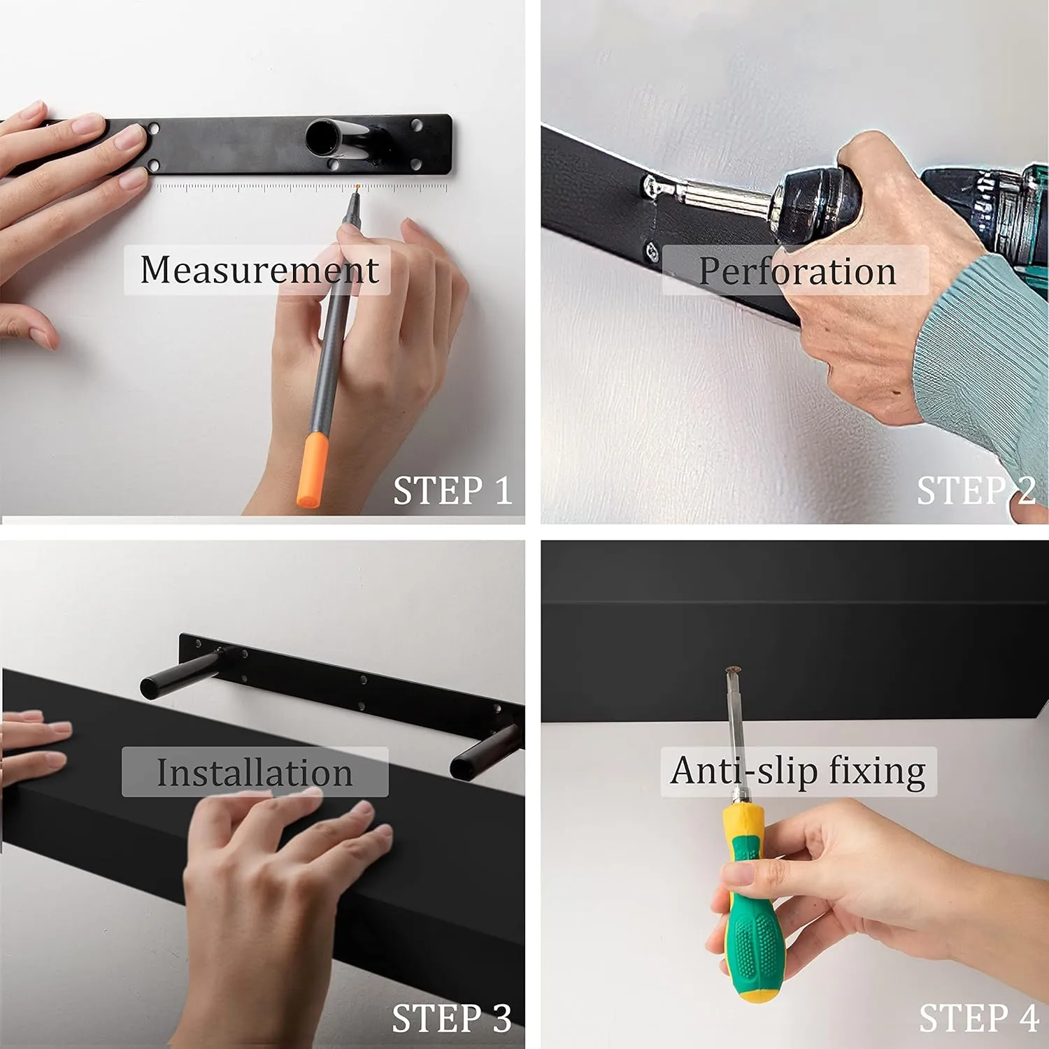 This is a product infographic showing the size, load-bearing capacity (20 pounds) and overall appearance after installation of BAMEOS Floating Shelves.