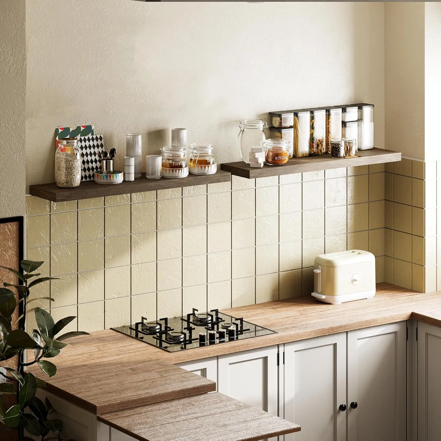 This is a kitchen application scene of BAMEOS Floating Shelves. Floating Shelves are used to store food containers (such as cookies and honey) and kitchenware, with a warm and practical style.