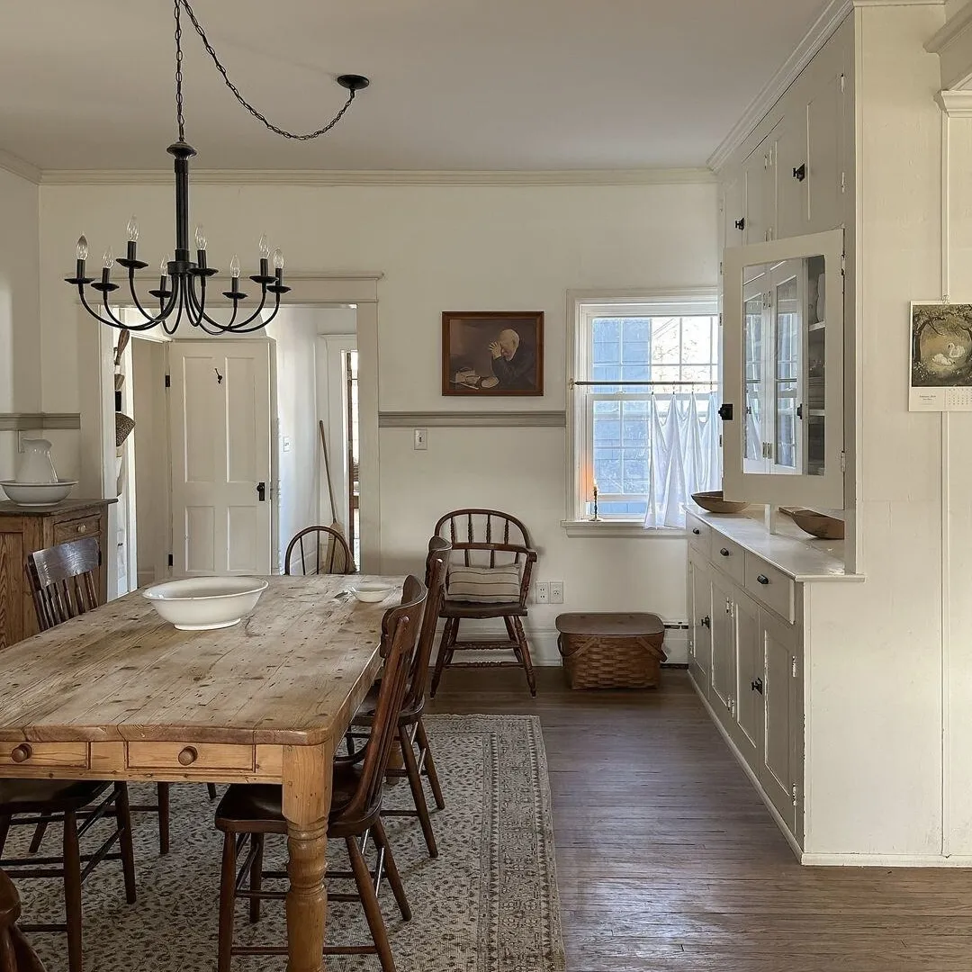 This dining space centers around a rustic wooden table paired with woven chairs. A large botanical print adds a fresh, natural element to the neutral wall. Open shelving displays ceramic tableware and a hanging potted plant, while a classic pendant light illuminates the setting. The combination of textures and greenery creates an inviting and airy atmosphere for meals.