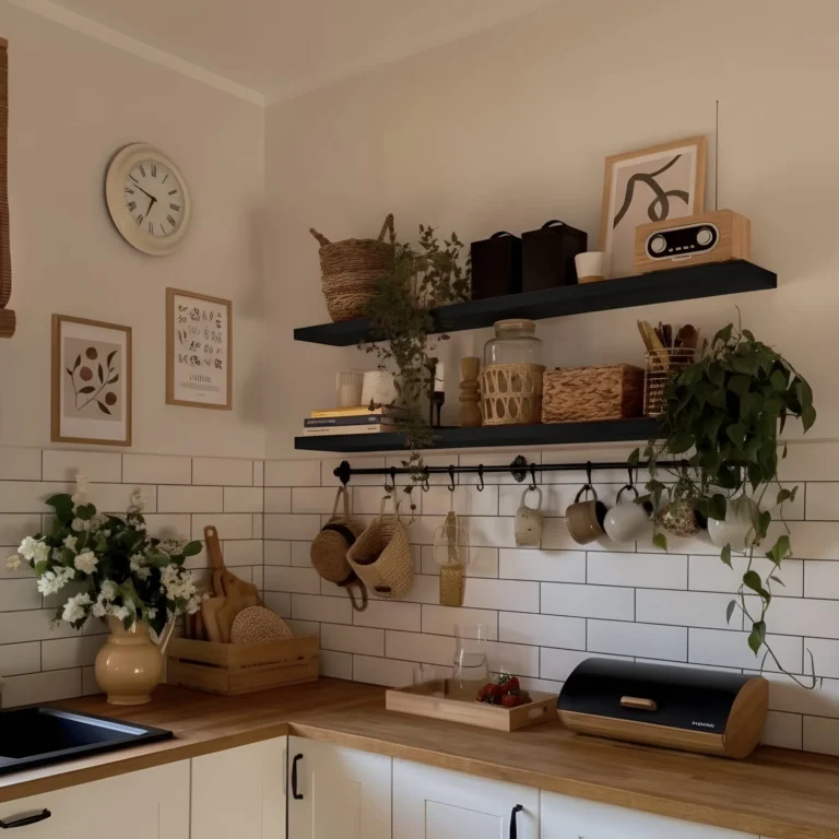 A cozy kitchen corner with light-toned walls and wooden countertops. Two black shelves display woven baskets, potted greens, decorative jars, and a small radio, adding rustic charm. A circular clock and minimalist art hang above, while mugs and a vase with white flowers sit below. The white tile backsplash keeps the space fresh and clean, creating a warm, inviting feel.