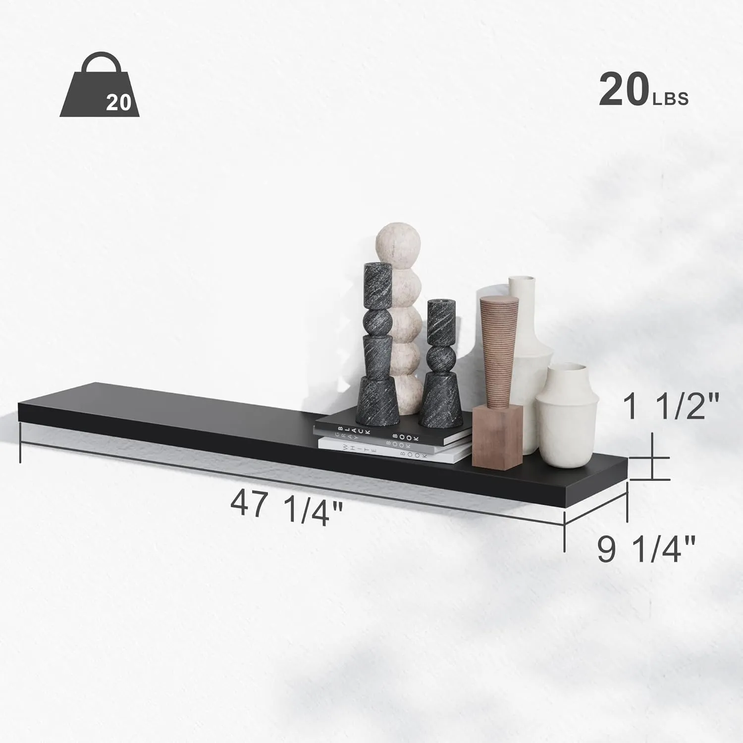 This is a product infographic showing the size, load-bearing capacity (20 pounds) and overall appearance after installation of BAMEOS Floating Shelves.
