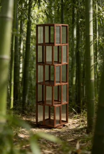A modern minimalist orange bamboo bookshelf with a rotating design stands in the center of a lush, serene bamboo forest, blending sustainable craftsmanship with vibrant contemporary style.