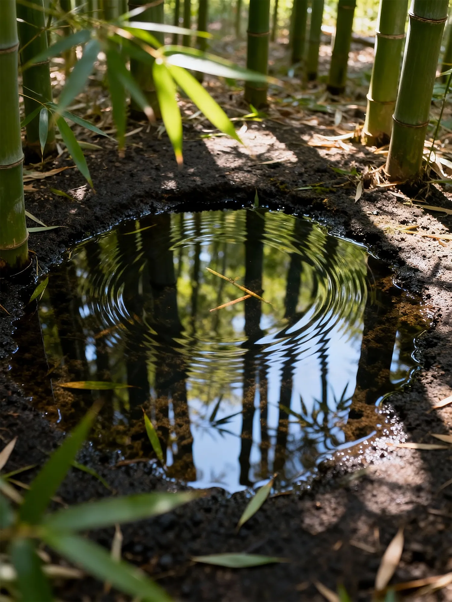 A tranquil pool in a bamboo forest reflecting the earth to capture a sense of calm and timelessness.