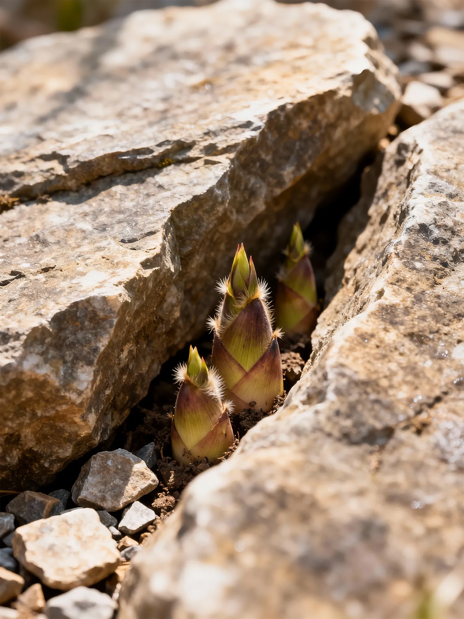 A new bamboo shoot growing through stone as a symbol of light, hope, and the enduring strength of nature.