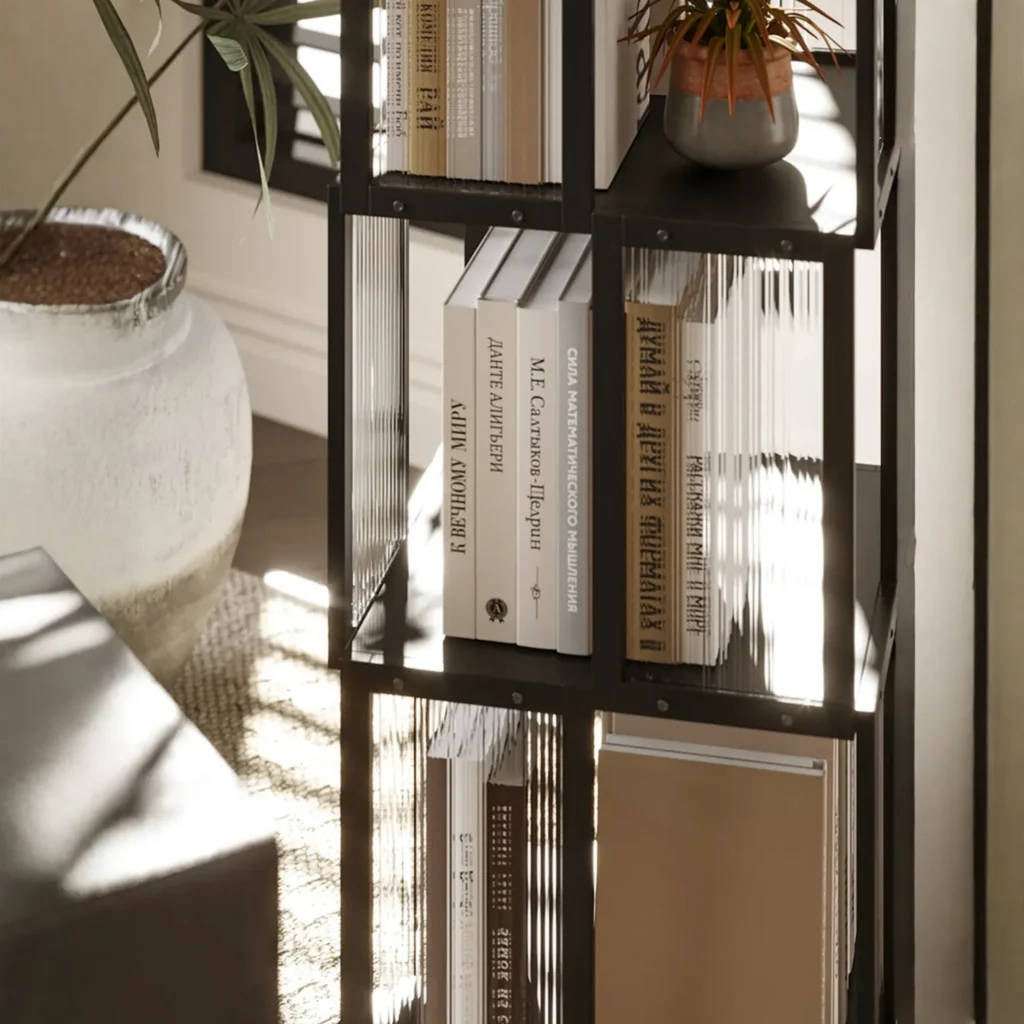 A close-up detail of a corner bookcase showing the smooth, burr-free bamboo veneer and sturdy solid wood frame construction.