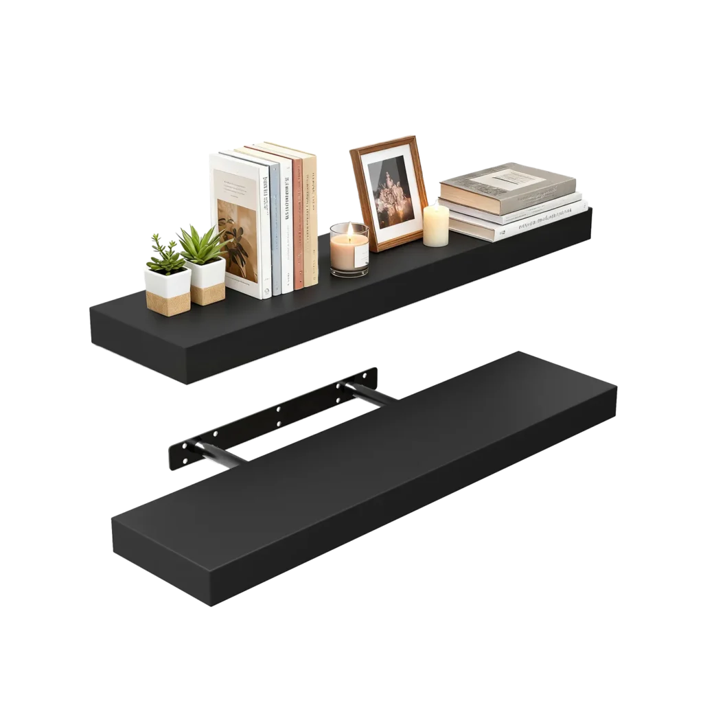 Expertly crafted black floating shelves featuring a sleek matte finish, recognized as some of the best shelves for displaying Valentine's Day gifts and greenery with minimalist elegance.