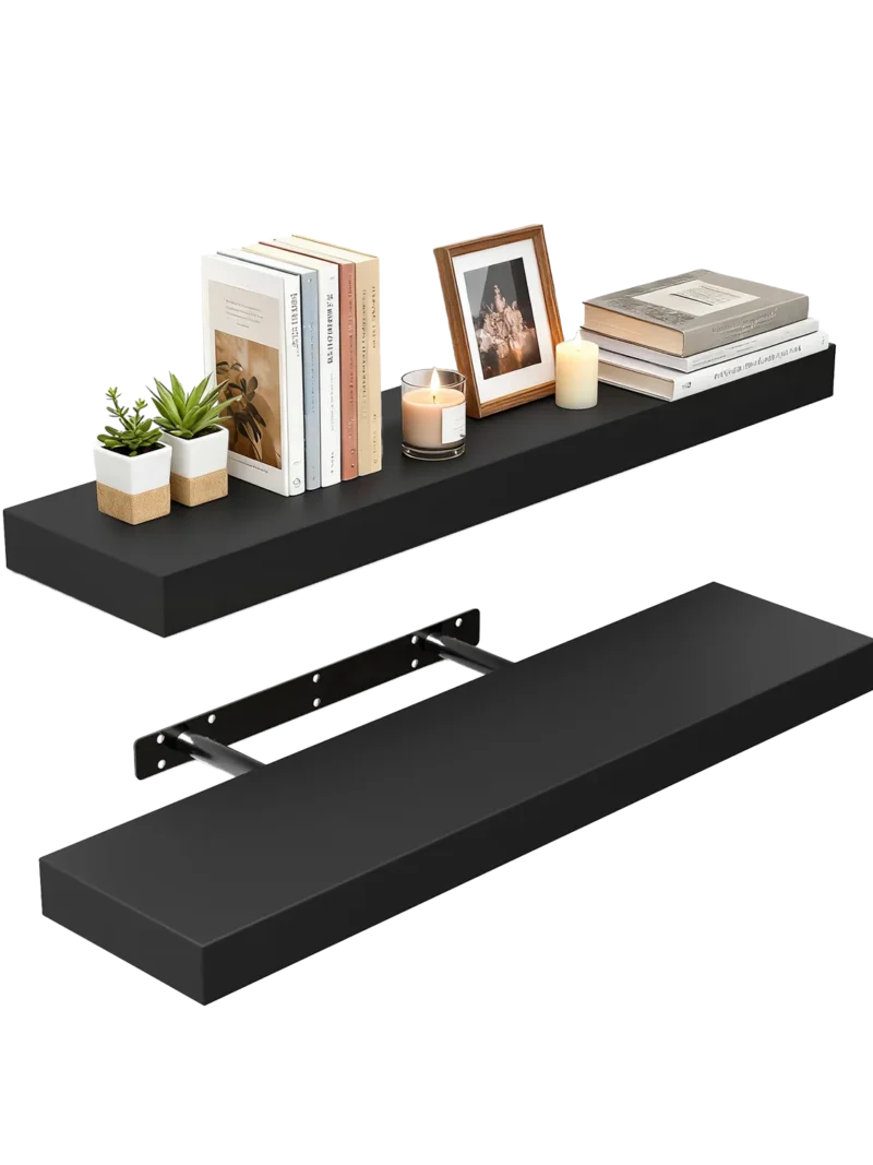 Expertly crafted black floating shelves featuring a sleek matte finish, recognized as some of the best shelves for displaying Valentine's Day gifts and greenery with minimalist elegance.