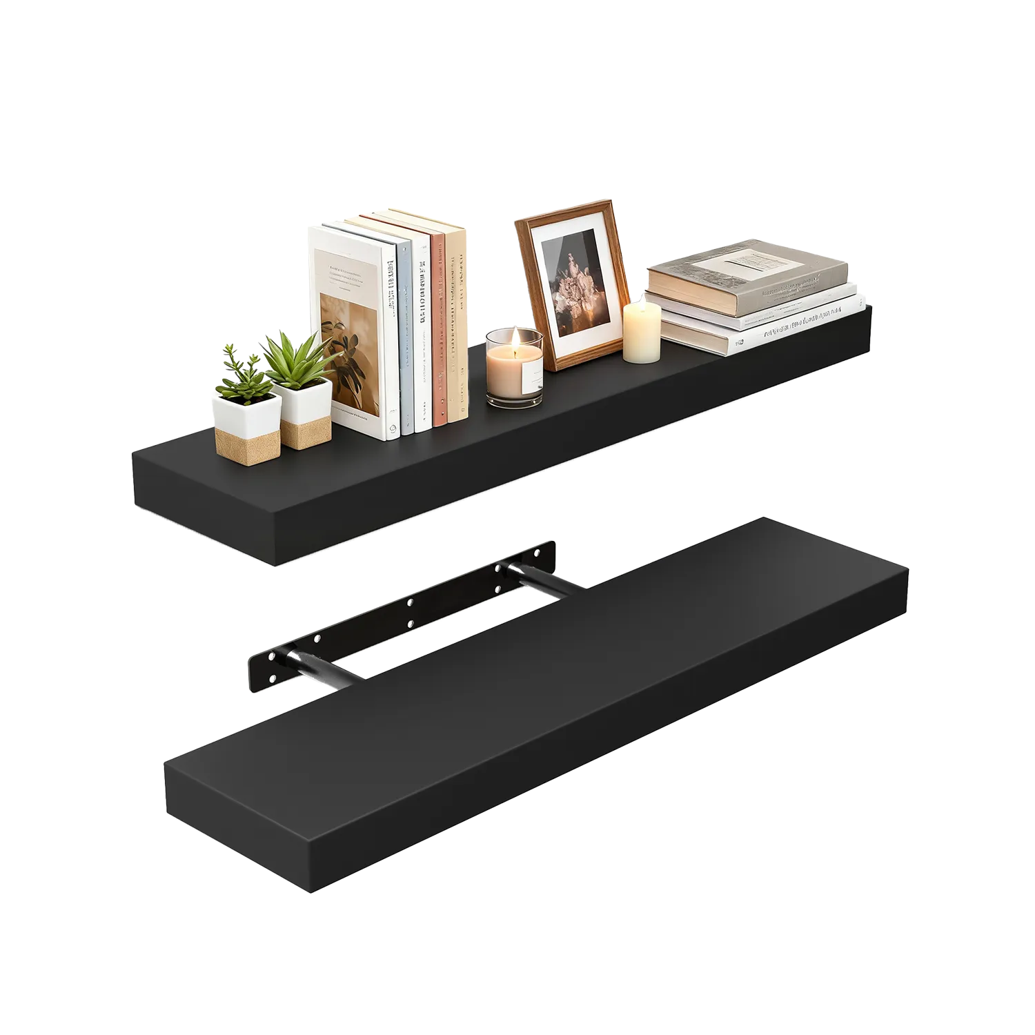 Expertly crafted black floating shelves featuring a sleek matte finish, recognized as some of the best shelves for displaying Valentine's Day gifts and greenery with minimalist elegance.