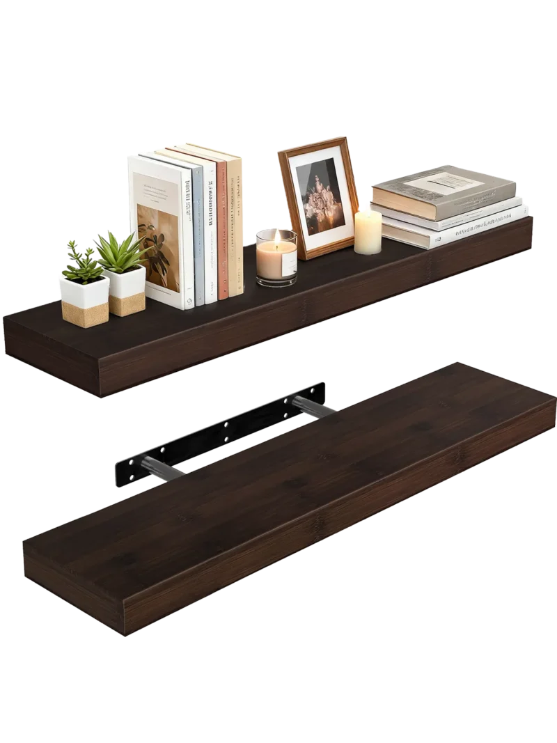 Durable rustic brown floating shelves made from high-quality wood, providing the best shelves for a sturdy and texture-rich display of photo albums and cherished home decor.