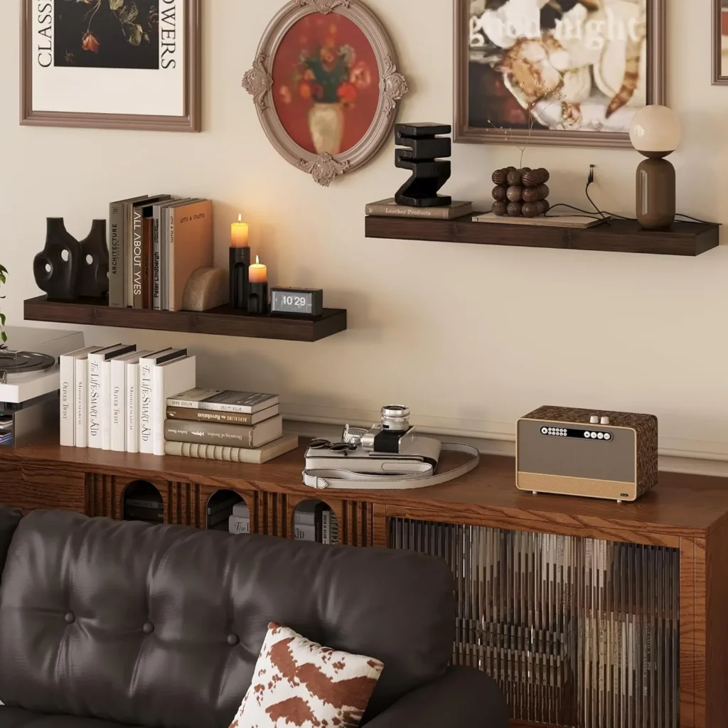 Rustic brown wall shelving perfectly integrated with a family photo gallery in a cozy living room, offering the best shelves for creating a warm, soul-nurturing atmosphere.