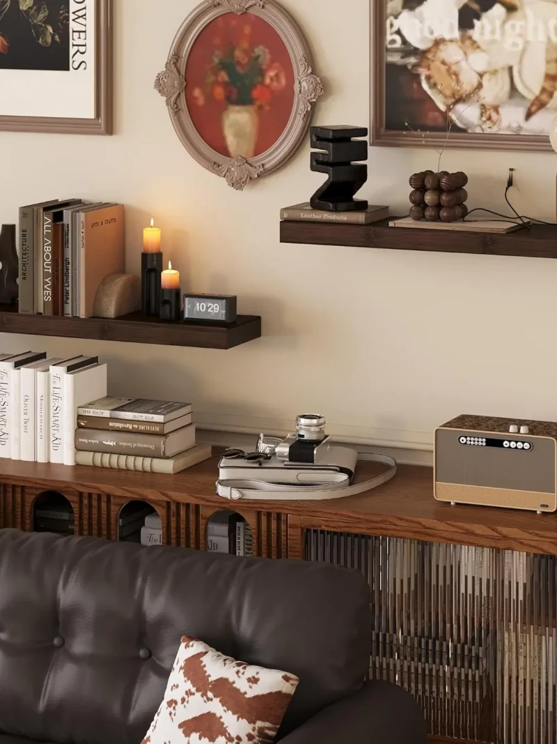 Rustic brown wall shelving perfectly integrated with a family photo gallery in a cozy living room, offering the best shelves for creating a warm, soul-nurturing atmosphere.