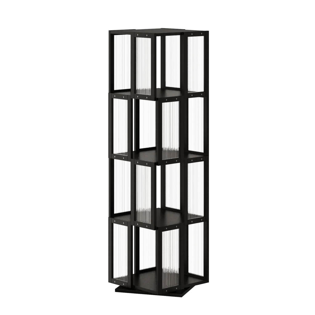 A minimalist 4-tier black rotating bookshelf crafted from sustainable bamboo and clear acrylic, offering a stable, large-capacity storage solution that brings order and modern elegance to any room.