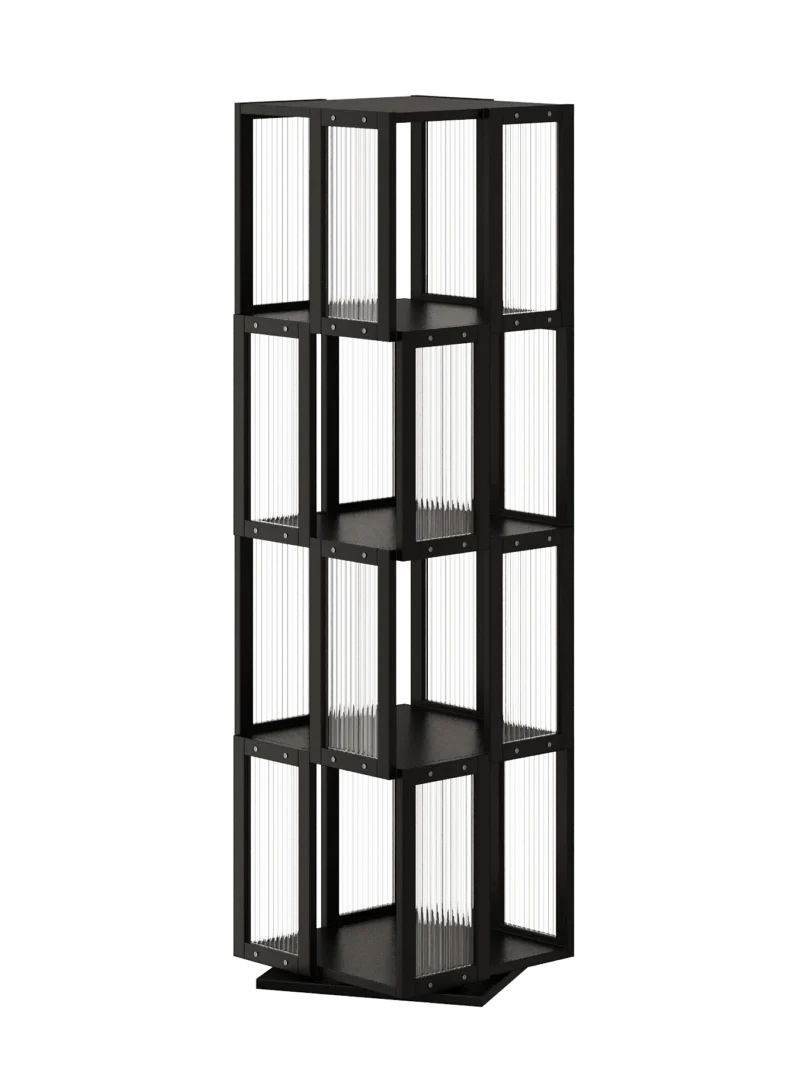 A minimalist 4-tier black rotating bookshelf crafted from sustainable bamboo and clear acrylic, offering a stable, large-capacity storage solution that brings order and modern elegance to any room.