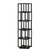 This 5-tier black spinning bookshelf features a robust bamboo frame and transparent acrylic panels, maximizing vertical corner space with a smooth 360-degree rotation for easy access.