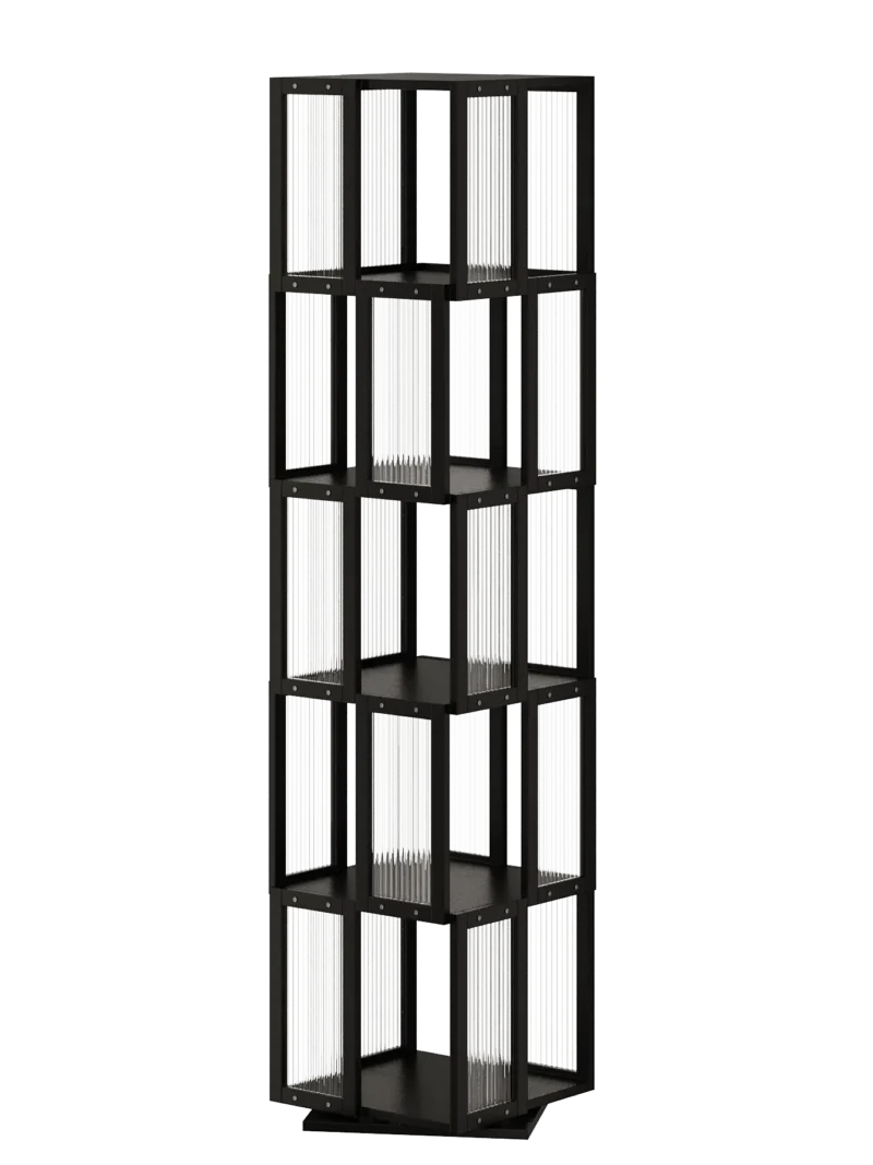 This 5-tier black spinning bookshelf features a robust bamboo frame and transparent acrylic panels, maximizing vertical corner space with a smooth 360-degree rotation for easy access.