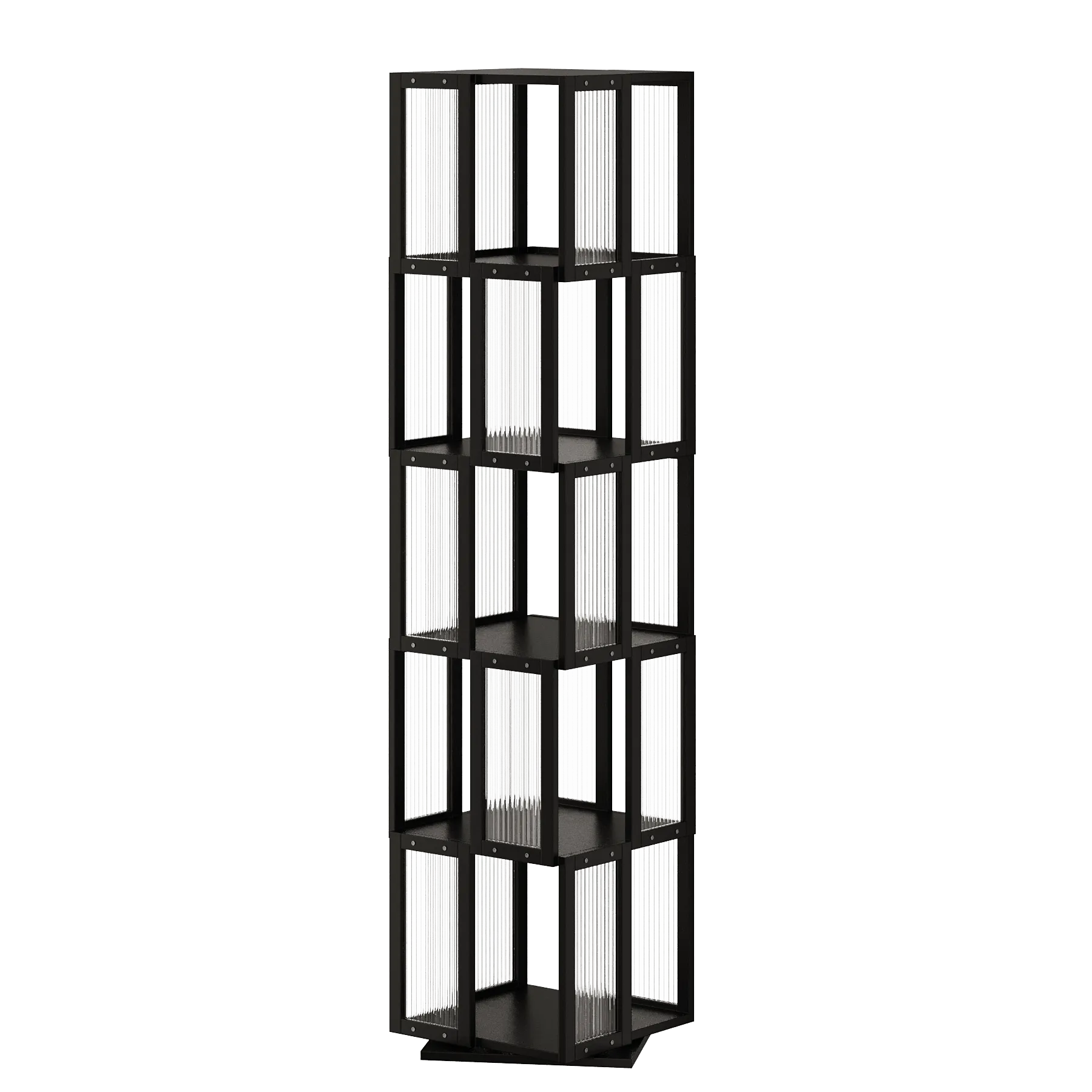 This 5-tier black spinning bookshelf features a robust bamboo frame and transparent acrylic panels, maximizing vertical corner space with a smooth 360-degree rotation for easy access.