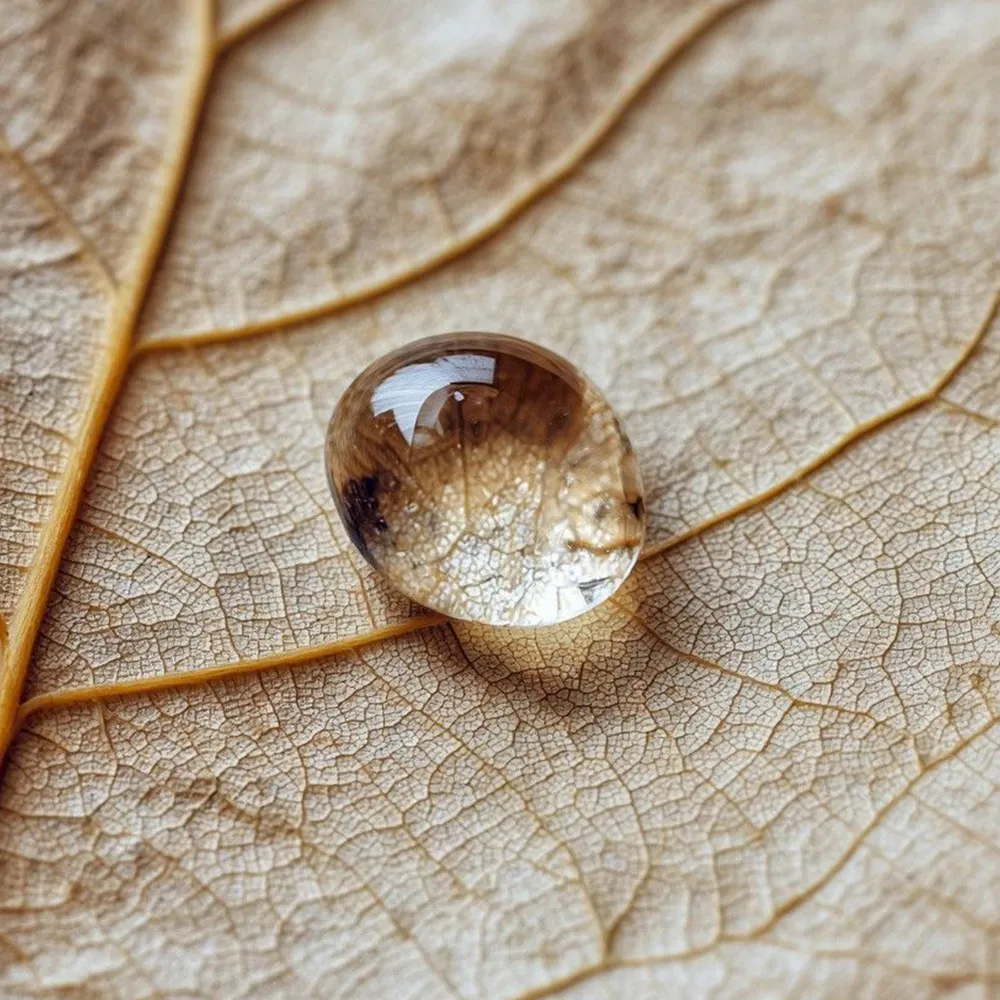 A single water drop on a withered leaf, symbolizing the EOS philosophy of renewal and the timeless beauty found in the natural cycles of bamboo and wood.