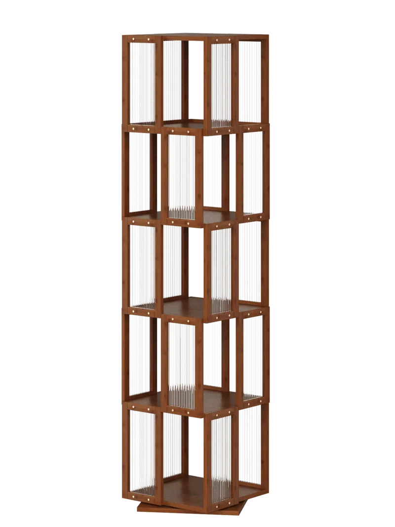 A tall, 5-tier orange spinning book shelf designed for large collections, featuring a durable bamboo structure and a space-saving modular design that embodies the BAMEOS spirit of renewal.