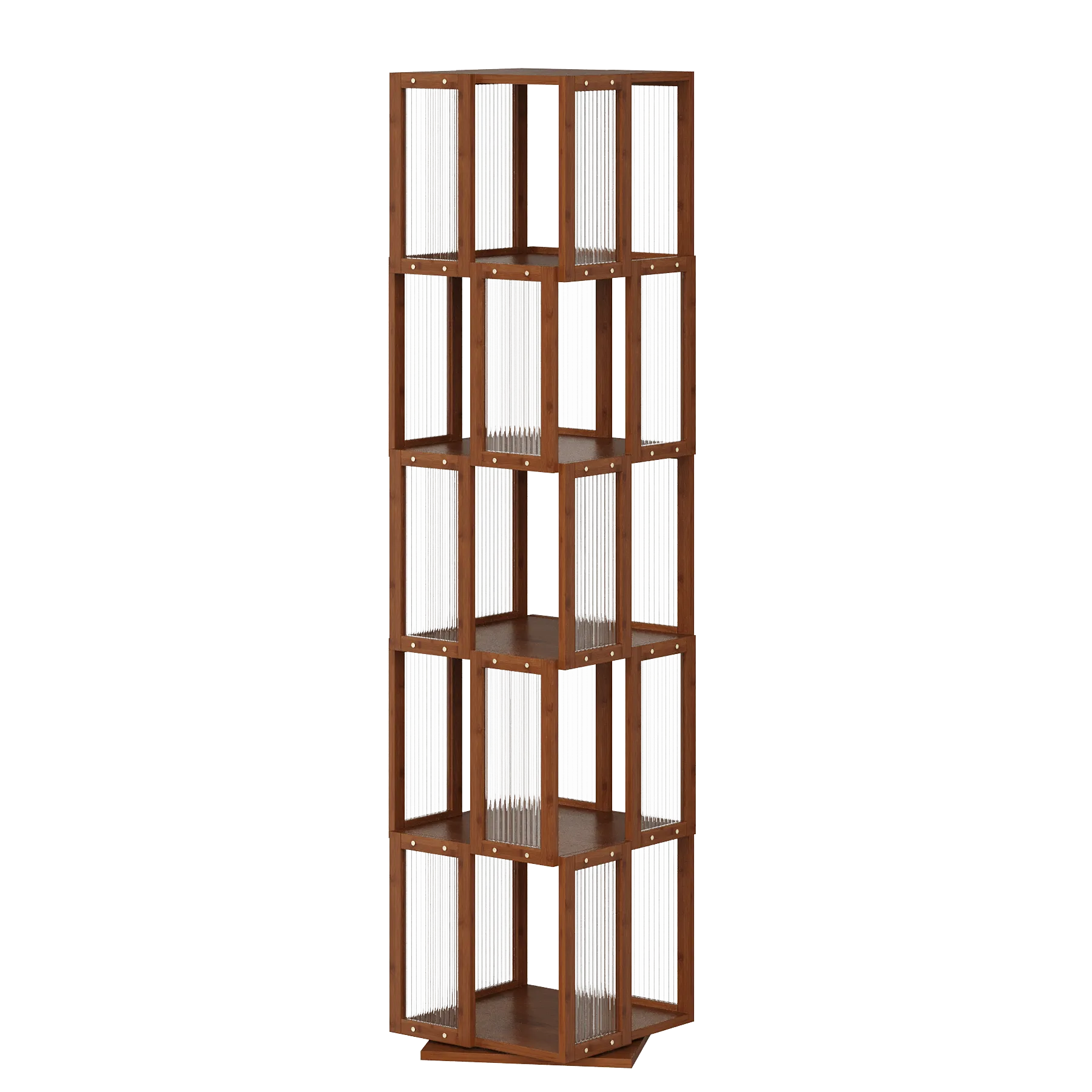 A tall, 5-tier orange spinning book shelf designed for large collections, featuring a durable bamboo structure and a space-saving modular design that embodies the BAMEOS spirit of renewal.