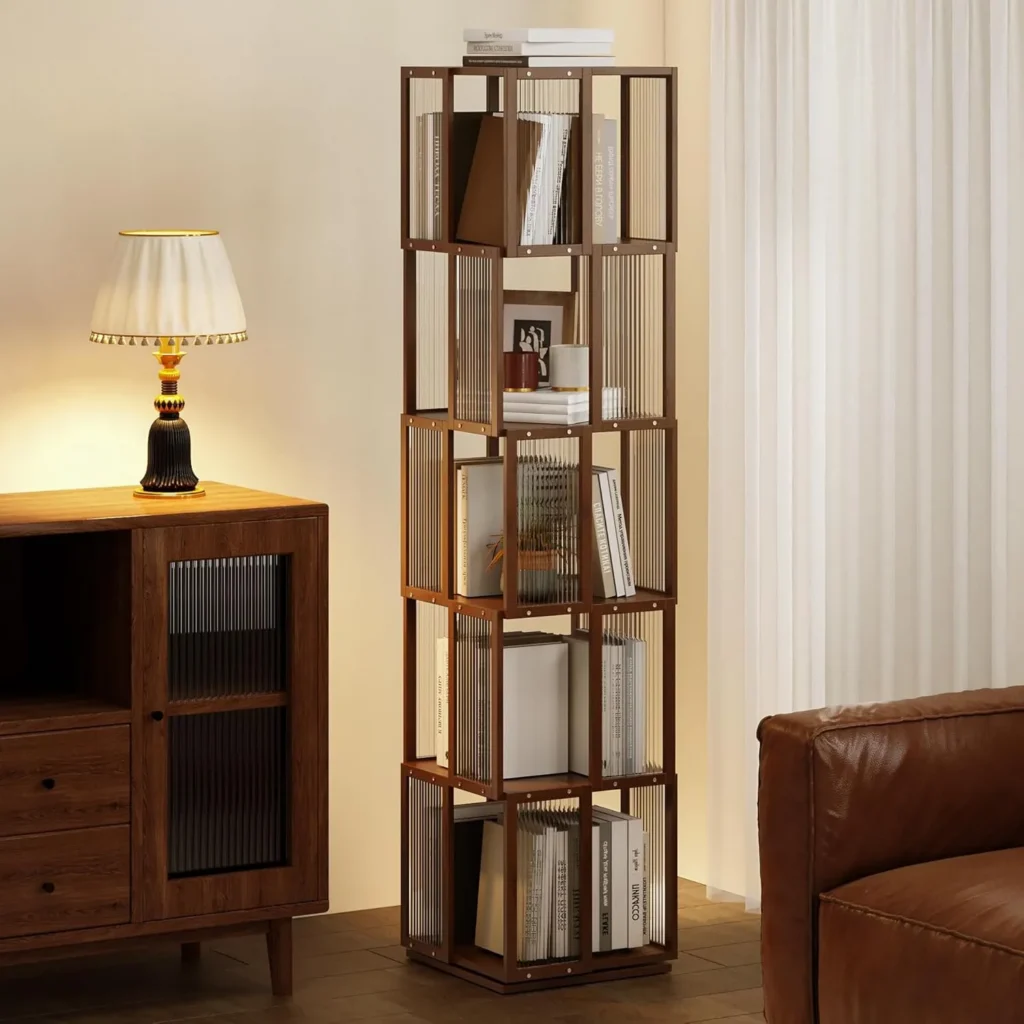 An orange 5-tier spinning shelf in a sophisticated room setting, demonstrating a perfect harmony of vibrant color, artisanal inheritance, and efficient, space-saving storage.