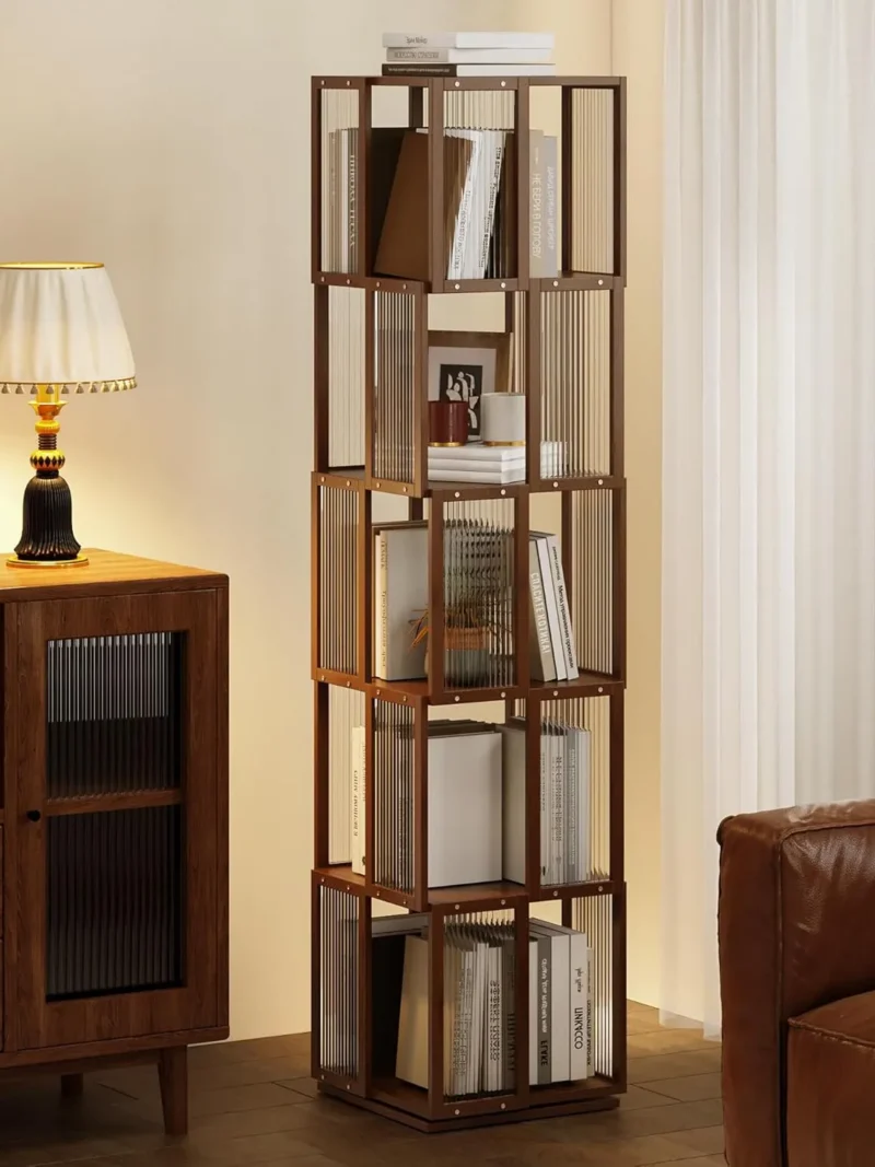 An orange 5-tier spinning shelf in a sophisticated room setting, demonstrating a perfect harmony of vibrant color, artisanal inheritance, and efficient, space-saving storage.