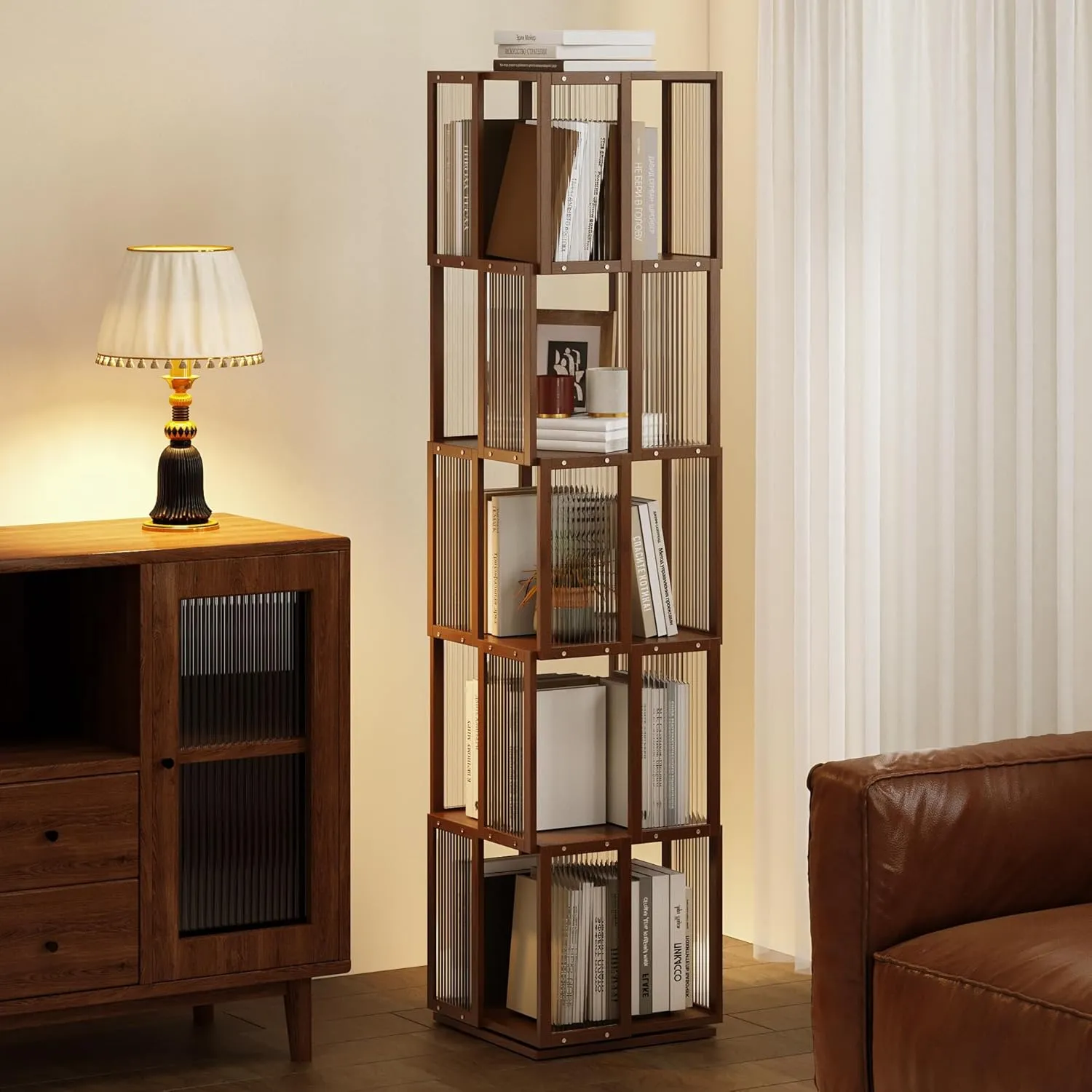 An orange 5-tier spinning shelf in a sophisticated room setting, demonstrating a perfect harmony of vibrant color, artisanal inheritance, and efficient, space-saving storage.