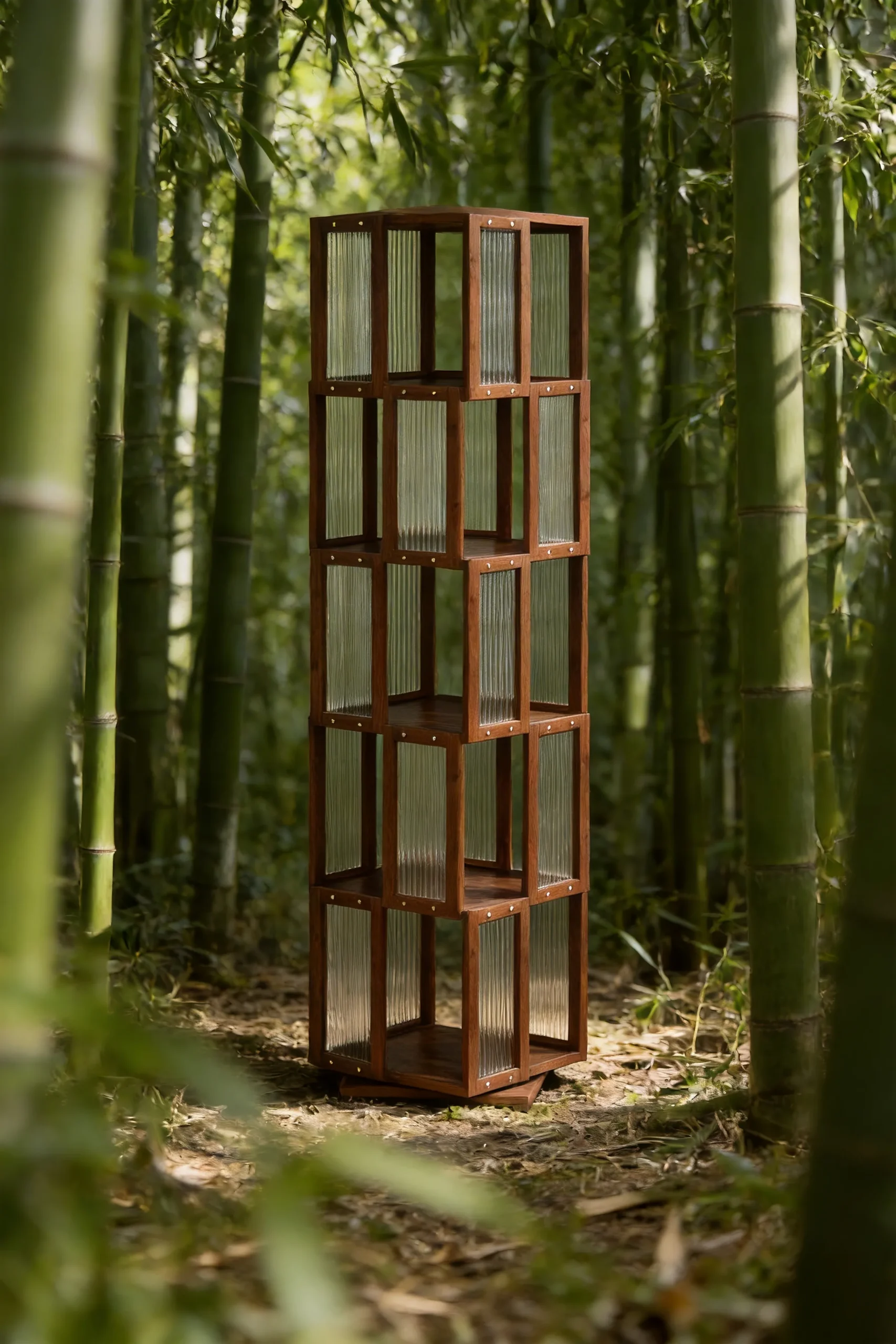 A brown rotating bookshelf stands gracefully amidst its ancestral bamboo forest, symbolizing the sustainable materials and artisanal inheritance that define every BAMEOS piece. This stable, eco-friendly storage solution represents a healthy, balanced lifestyle, bringing the calming essence of nature and the strength of traditional craftsmanship into contemporary living spaces.