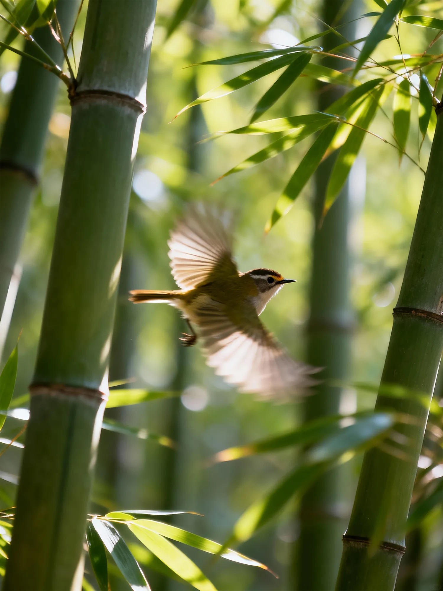 A wild bird in flight through a dense bamboo forest symbolizing the light and peaceful philosophy of the brand.