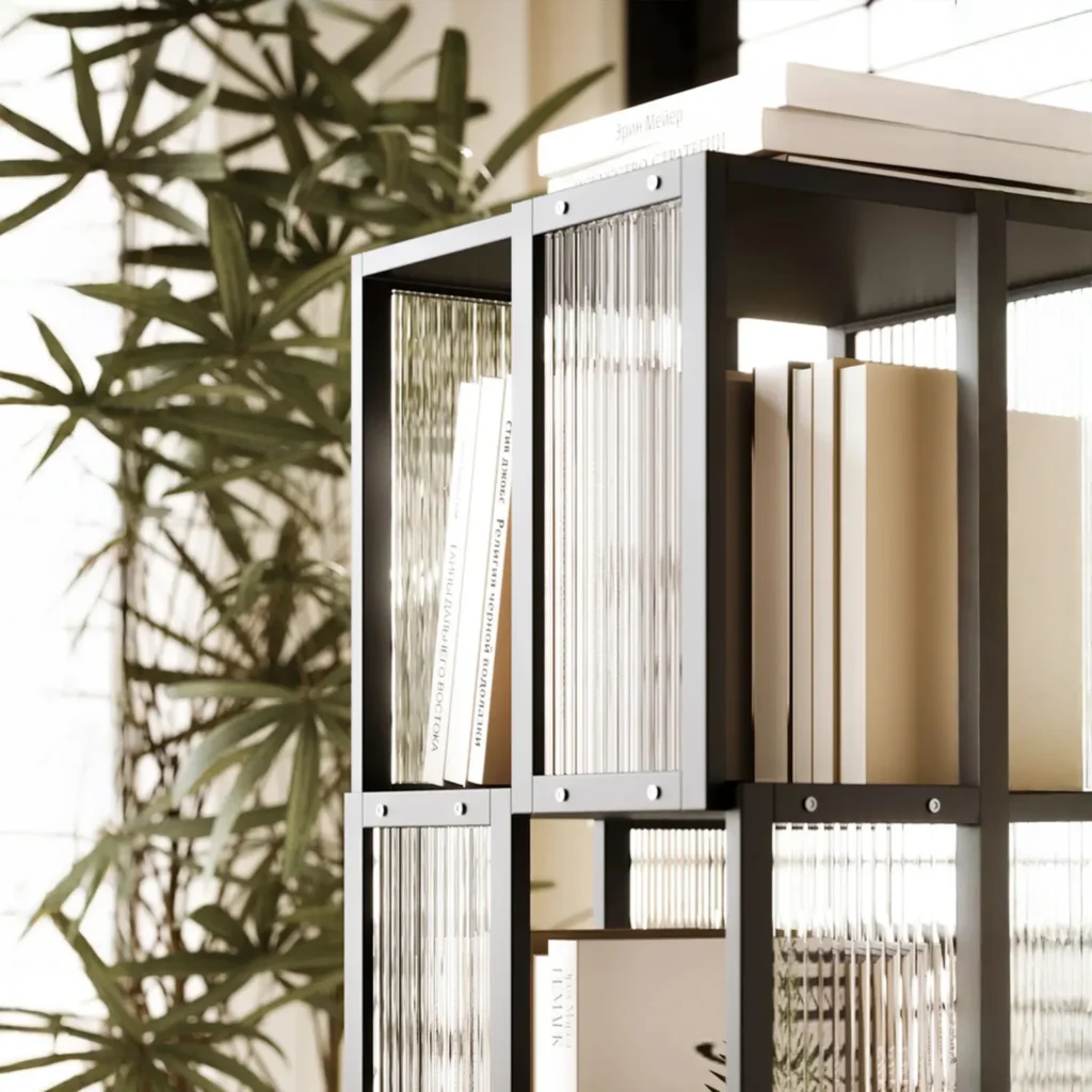 Detailed view of a rotating bookshelf featuring transparent acrylic panels and water ripple railings for secure and stylish book storage.
