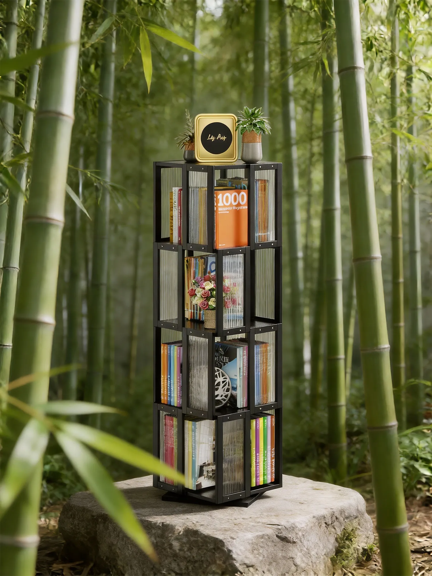 A sustainable 360 rotating bookshelf standing in a bamboo forest to honor traditional craftsmanship and natural materials.