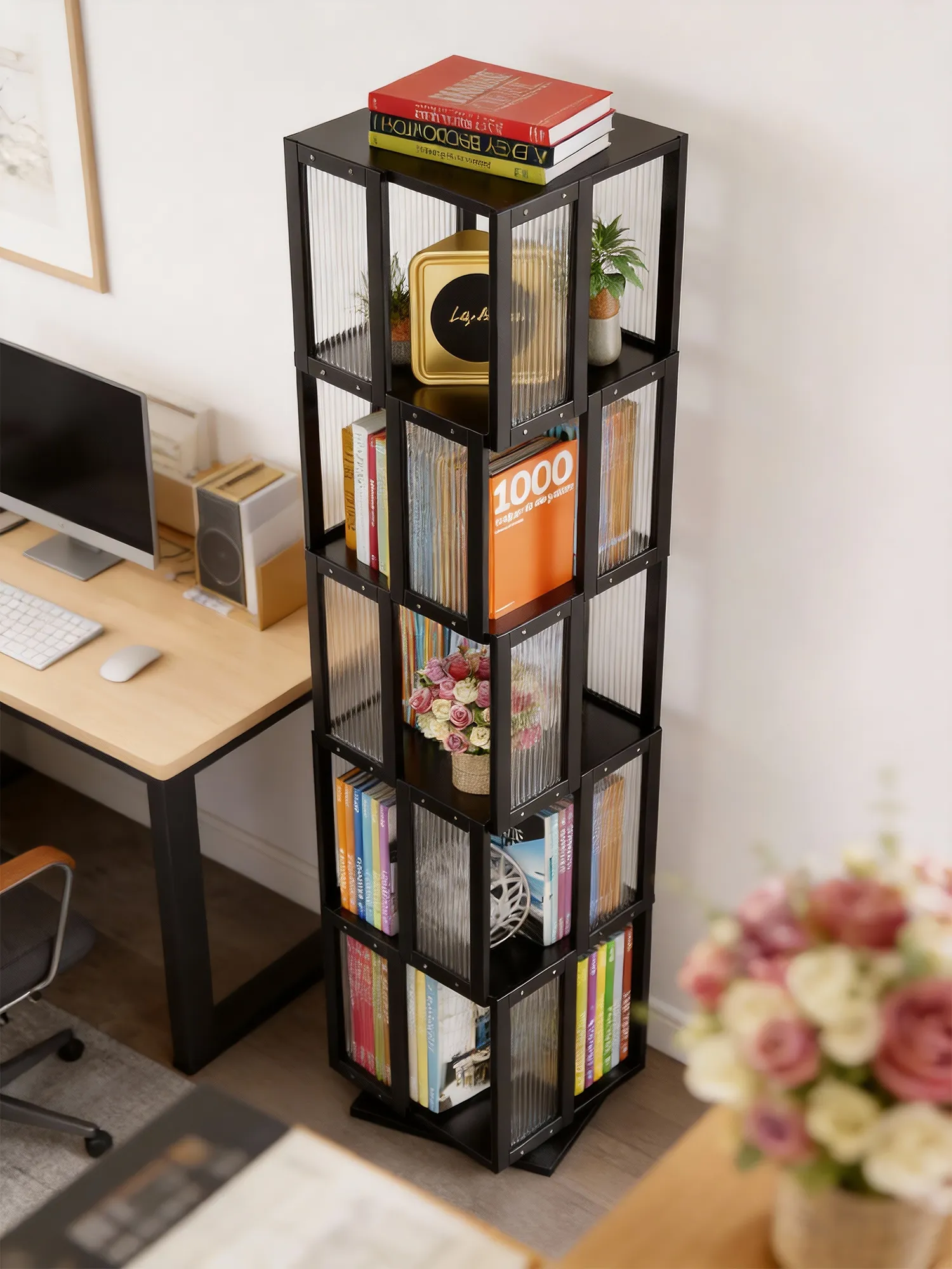 A modern bookshelf and office desk in a reading corner designed for a calm and orderly home office environment.