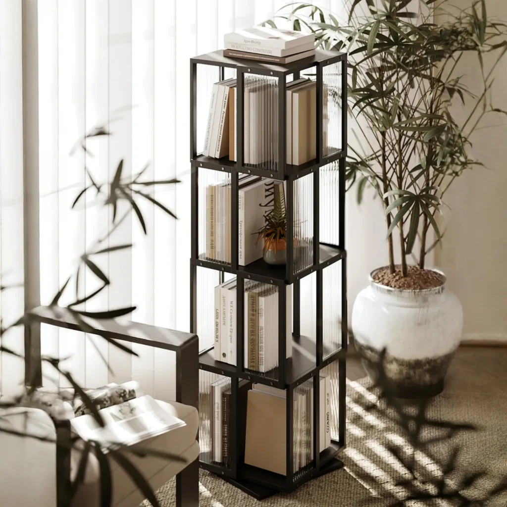 A modern 360° rotating bookshelf neatly tucked into a living room corner next to a potted plant, optimizing small space with a large capacity for books.