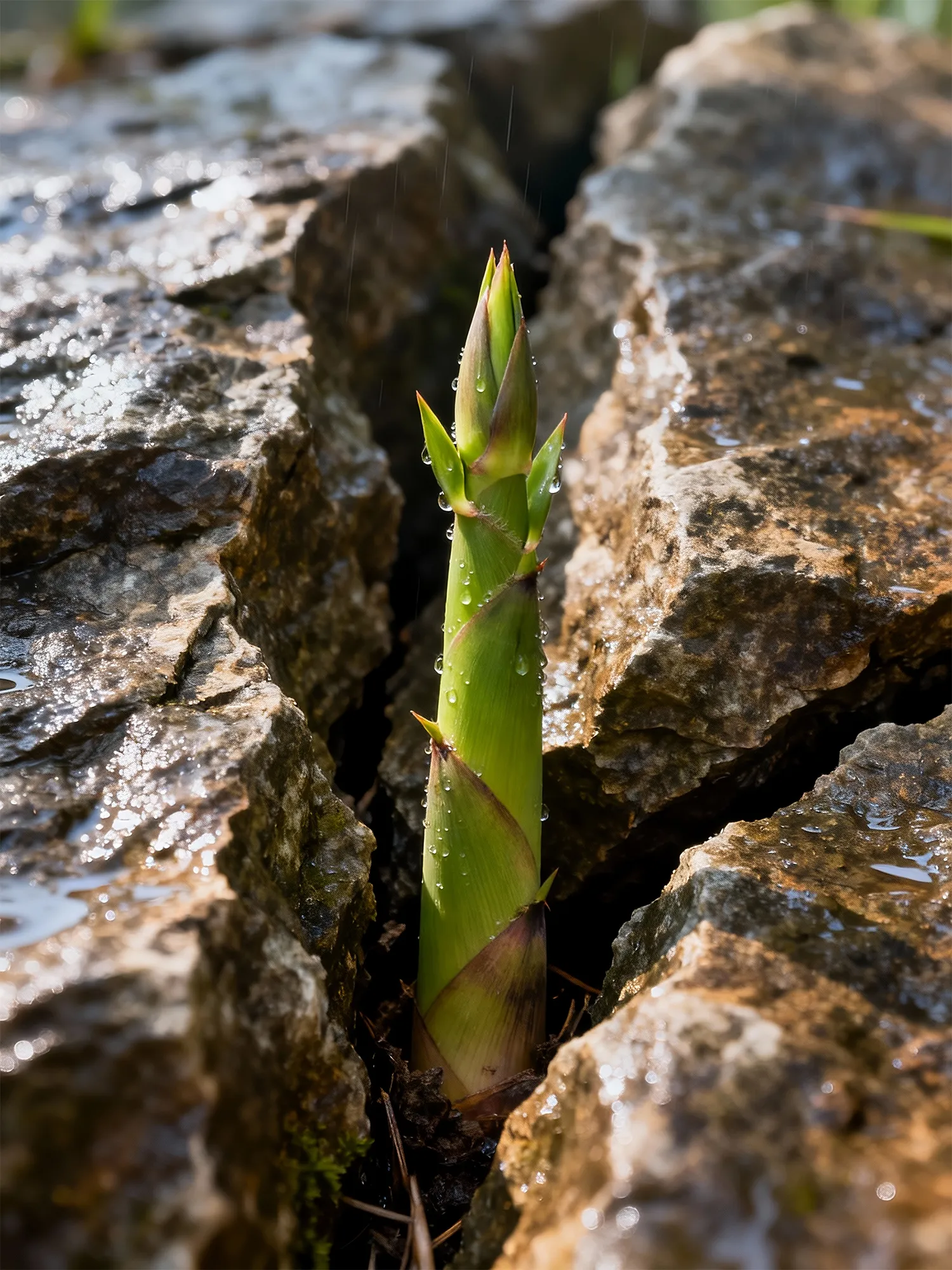 A brave bamboo shoot emerging from a narrow stone crack symbolizing the enduring spirit of renewal and natural strength.