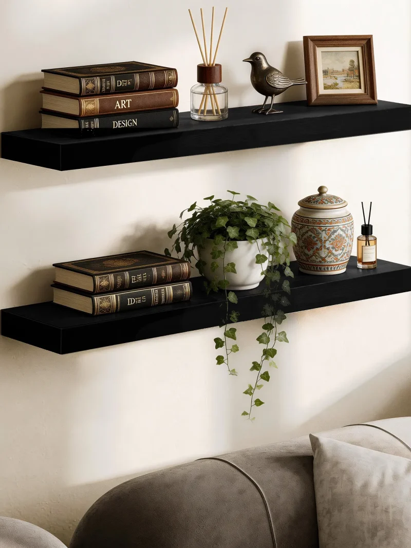2 tier floating shelves floating shelves above sofa displaying books, plants, aromatherapy and ceramic jars