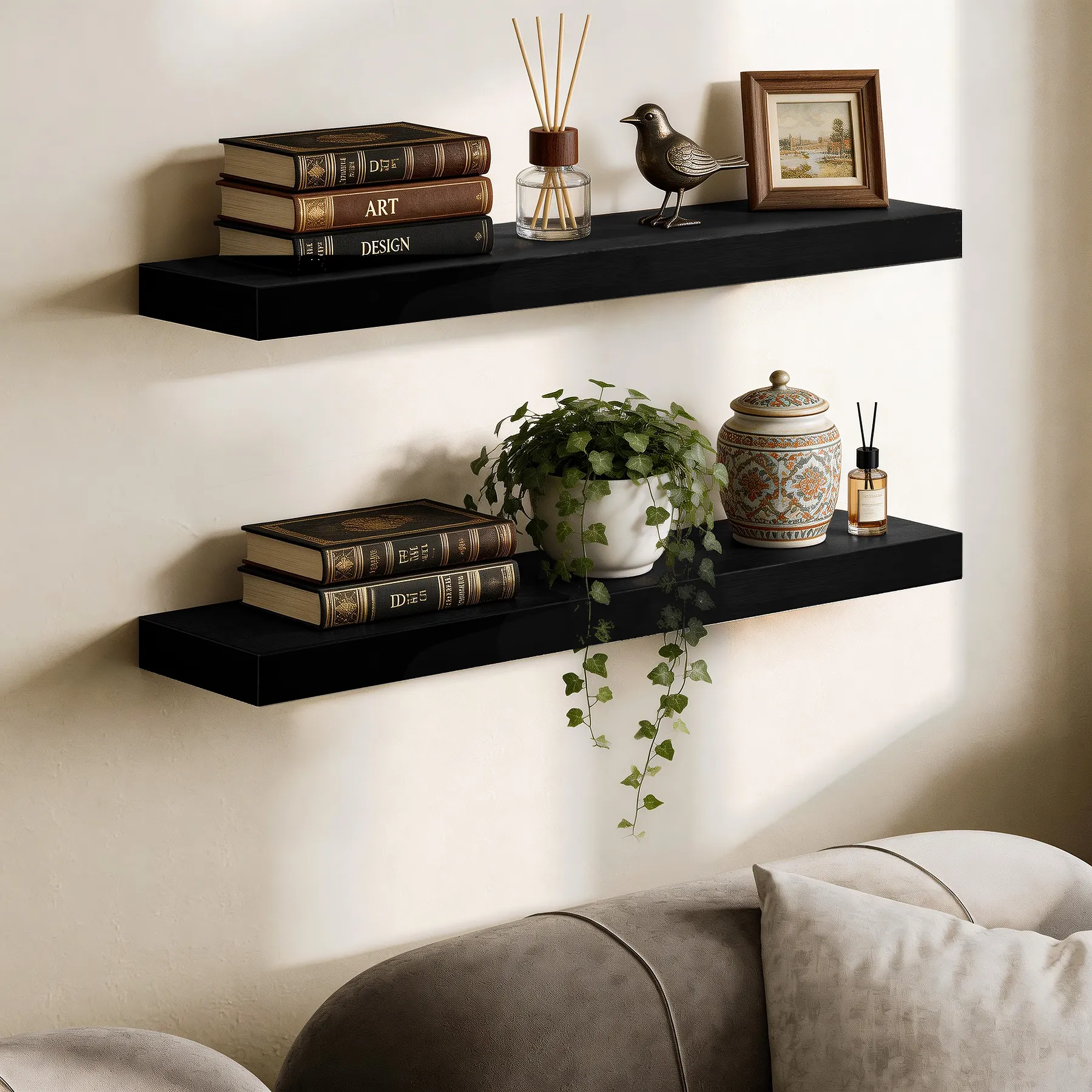 2 tier floating shelves floating shelves above sofa displaying books, plants, aromatherapy and ceramic jars