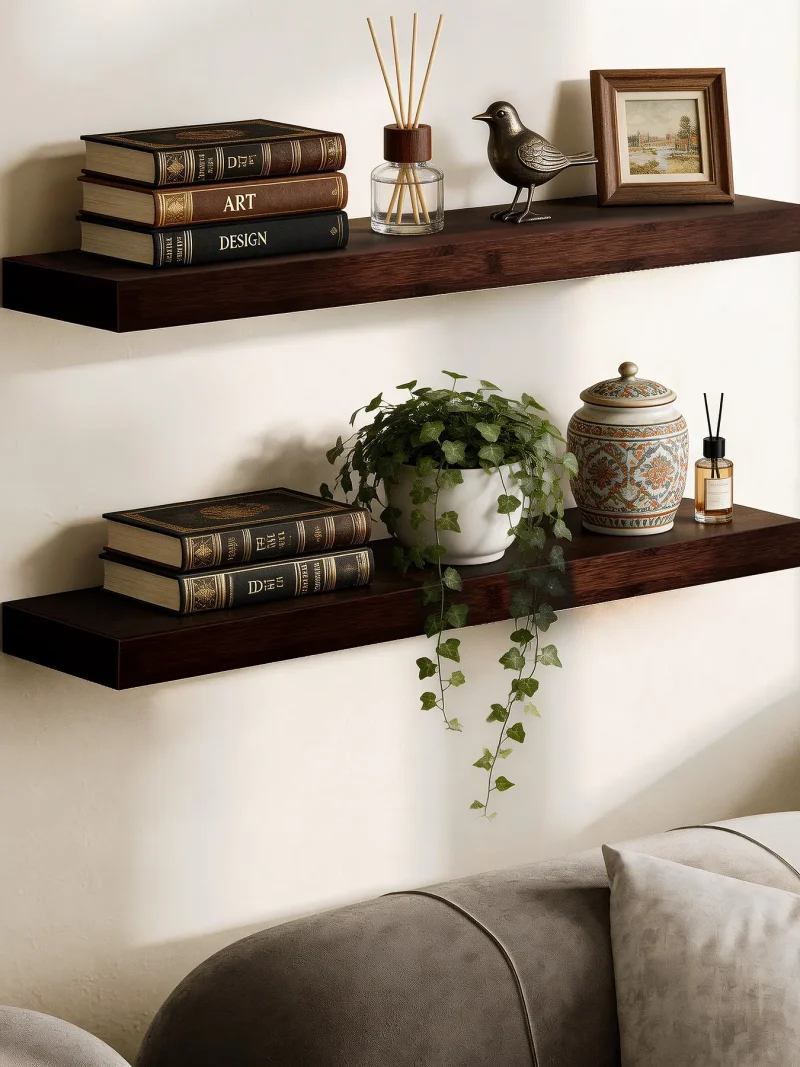 2 tier brown floating shelves above sofa displaying books, plants, aromatherapy and ceramic jars