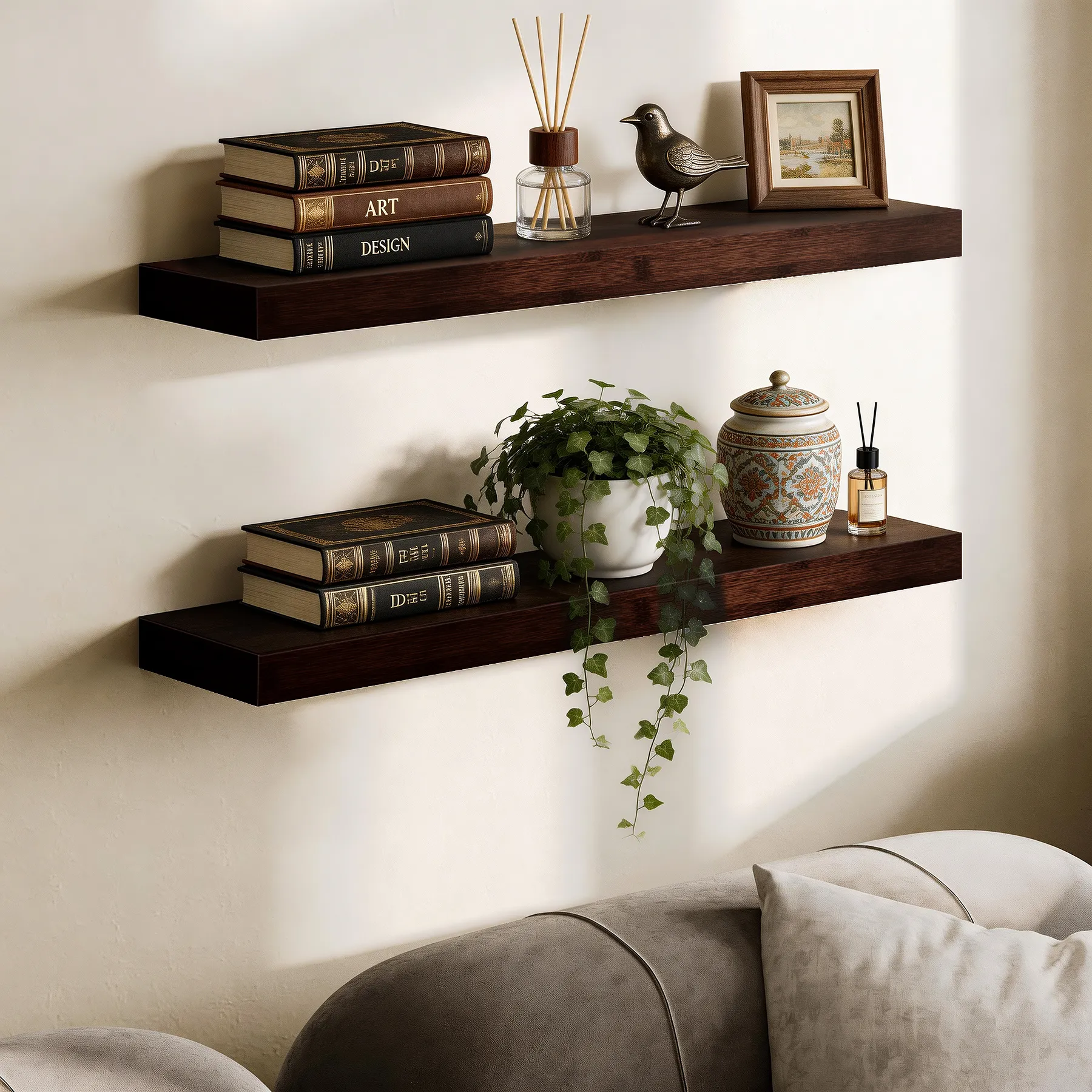 2 tier brown floating shelves above sofa displaying books, plants, aromatherapy and ceramic jars