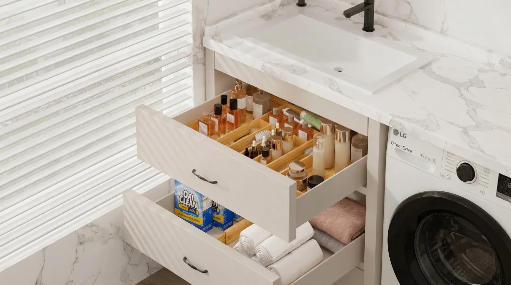 Bamboo bathroom drawer organizer for makeup and skincare storage in a modern Los Angeles bathroom