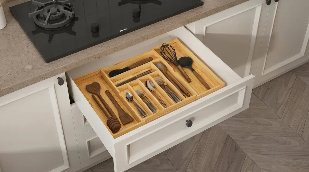 Bamboo kitchen drawer organizer for storing silverware and kitchen utensils in modern kitchen