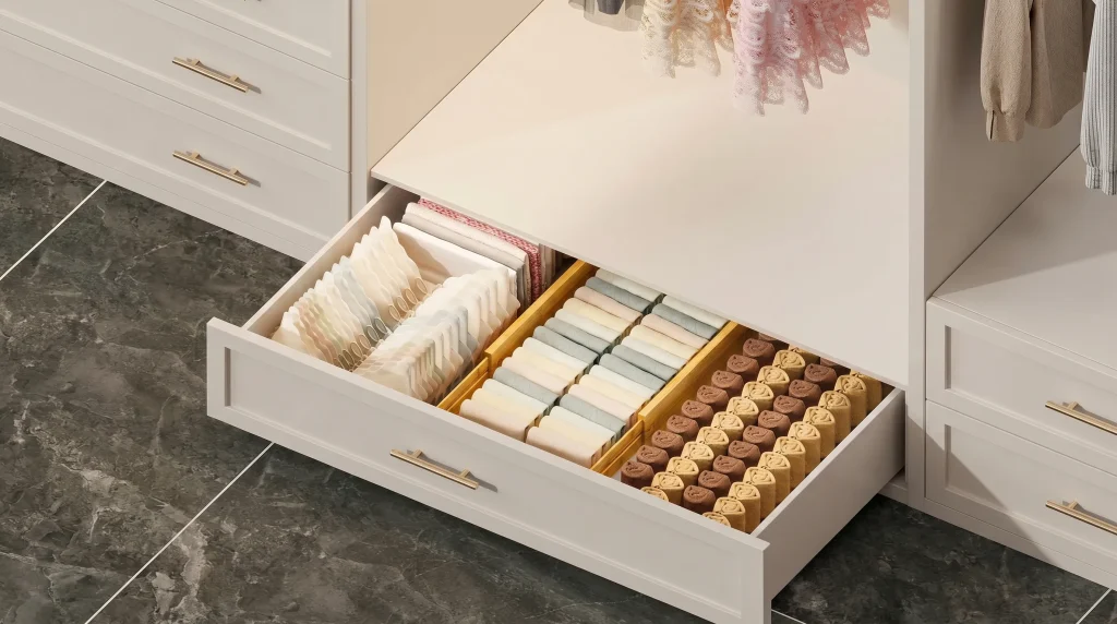 Modern closet drawer organizer with bamboo dividers for underwear, socks, and yoga wear storage in a women's bedroom closet