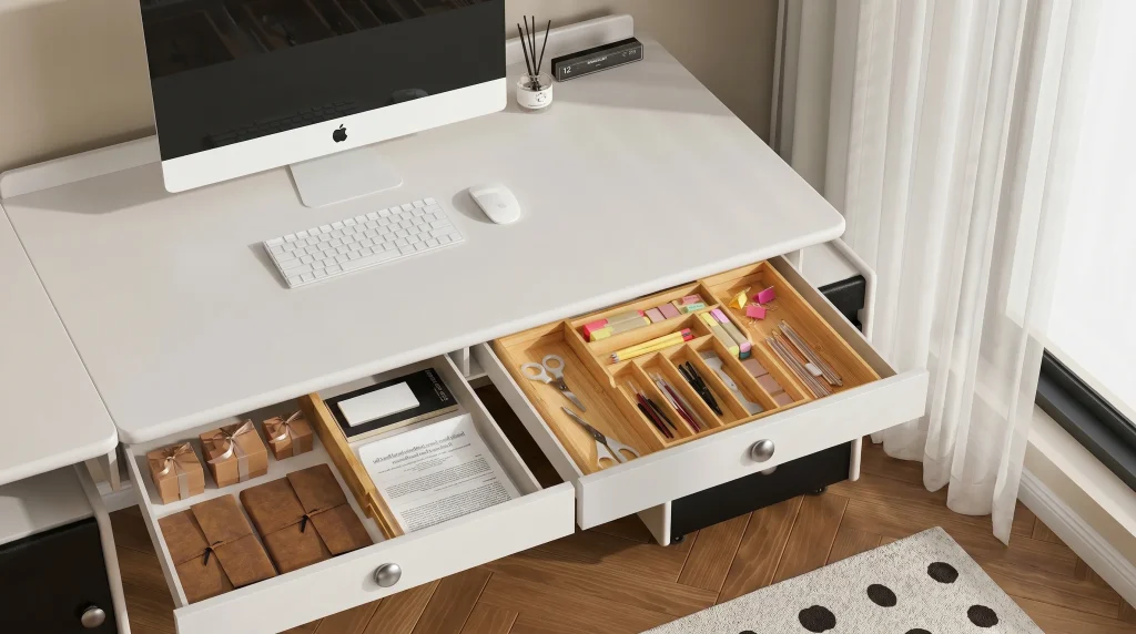 Modern bamboo desk drawer organizer with sectioned compartments for pens, scissors, and stationery storage in a home office in Los Angeles California